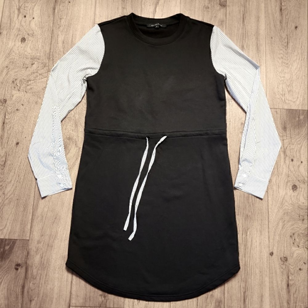 Walter Baker Angela Dress Drawstring Waist Long Sleeve Black White Stripe Size M